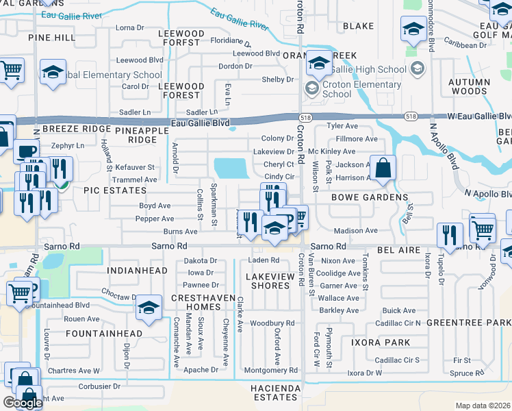 map of restaurants, bars, coffee shops, grocery stores, and more near 2223 Smathers Circle South in Melbourne