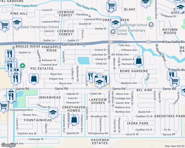 map of restaurants, bars, coffee shops, grocery stores, and more near 2223 Smathers Circle South in Melbourne