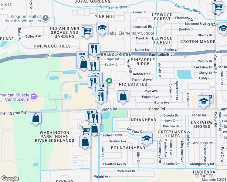 map of restaurants, bars, coffee shops, grocery stores, and more near 1043 Ellen Court in Melbourne