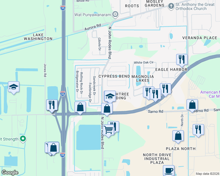 map of restaurants, bars, coffee shops, grocery stores, and more near 4780 Decatur Circle in Melbourne