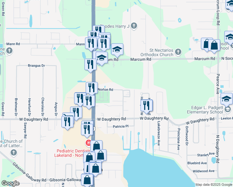 map of restaurants, bars, coffee shops, grocery stores, and more near 810 Norton Road in Lakeland