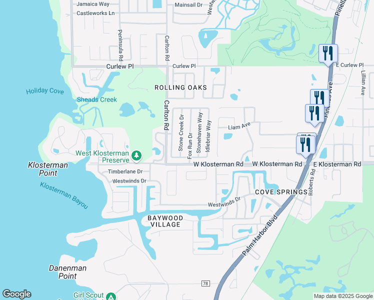 map of restaurants, bars, coffee shops, grocery stores, and more near 1708 Fox Run Drive in Tarpon Springs