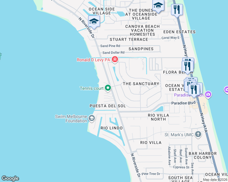 map of restaurants, bars, coffee shops, grocery stores, and more near 763 Peregrine Drive in Indialantic