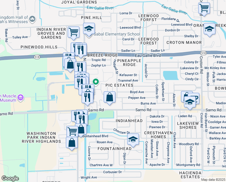 map of restaurants, bars, coffee shops, grocery stores, and more near 2700 Pepper Avenue in Melbourne