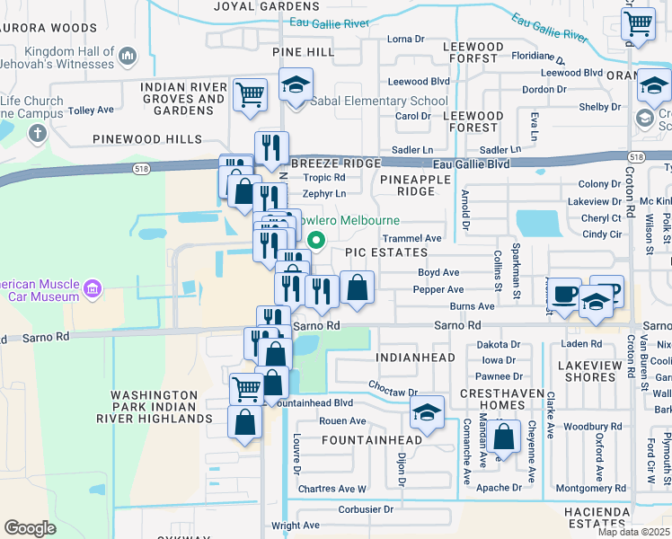 map of restaurants, bars, coffee shops, grocery stores, and more near 1036 Ellen Court in Melbourne