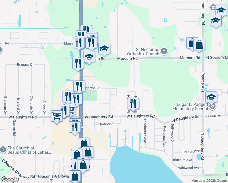 map of restaurants, bars, coffee shops, grocery stores, and more near 6035 Norton Road in Lakeland