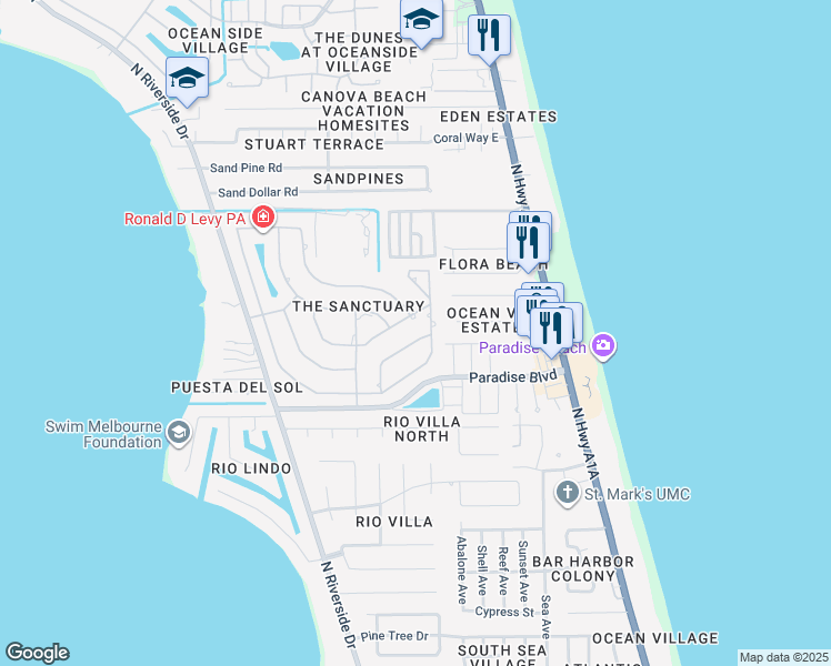 map of restaurants, bars, coffee shops, grocery stores, and more near 410 Oriole Lane in Indialantic