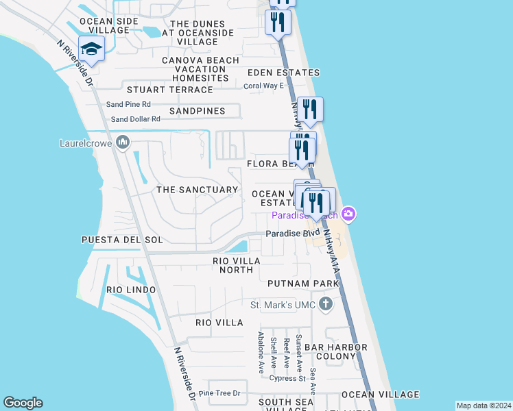 map of restaurants, bars, coffee shops, grocery stores, and more near 329 Ocean View Lane in Indialantic