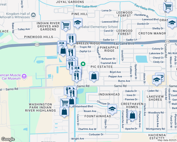 map of restaurants, bars, coffee shops, grocery stores, and more near 1036 Ellen Court in Melbourne
