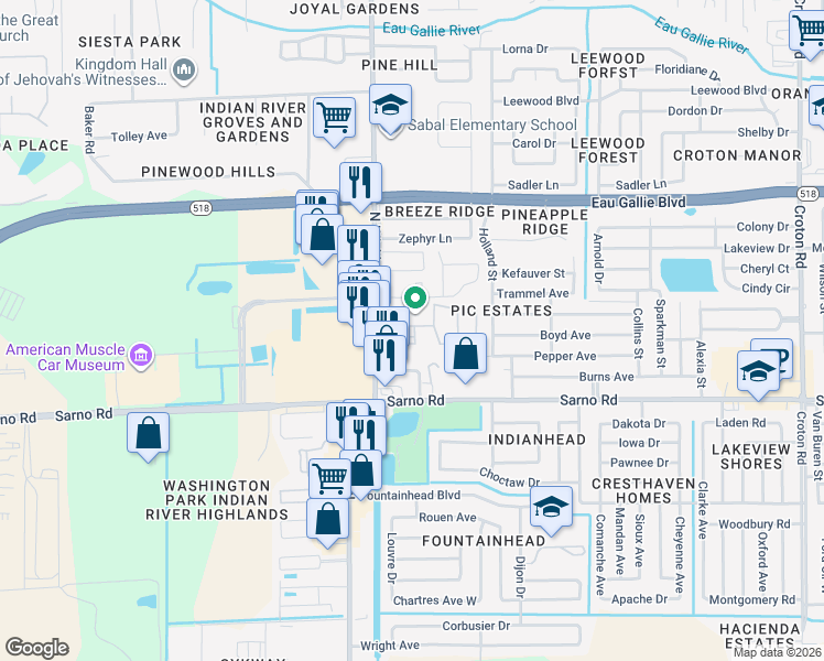 map of restaurants, bars, coffee shops, grocery stores, and more near 2882 Regency Drive in Melbourne
