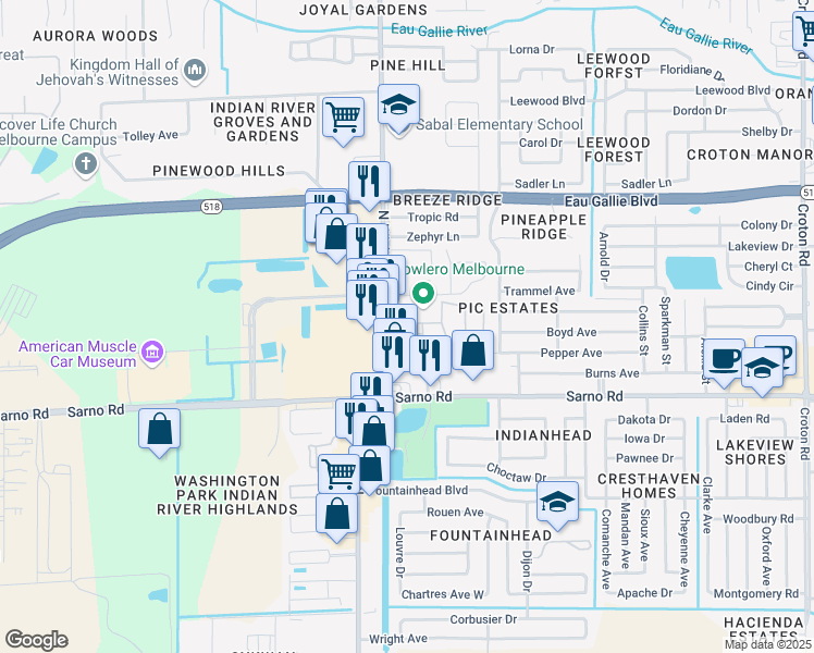 map of restaurants, bars, coffee shops, grocery stores, and more near 2847 Regency Drive in Melbourne