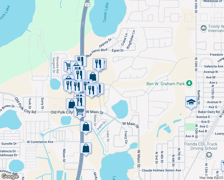 map of restaurants, bars, coffee shops, grocery stores, and more near 1011 Hemingway Circle in Haines City