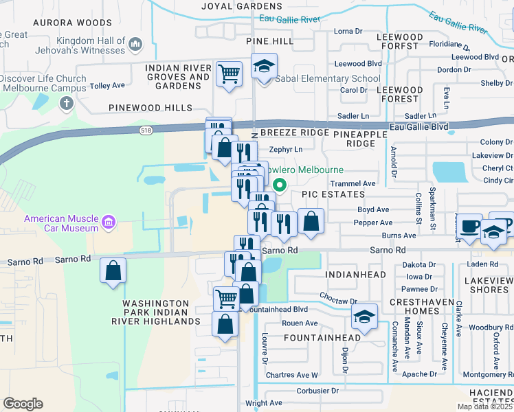 map of restaurants, bars, coffee shops, grocery stores, and more near 2902 Regency Drive in Melbourne