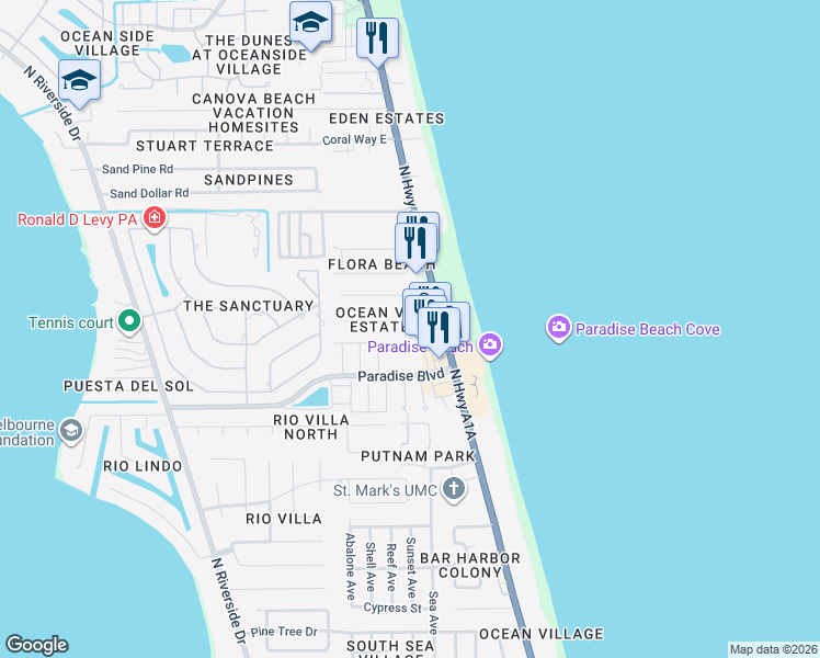map of restaurants, bars, coffee shops, grocery stores, and more near 170 Paradise Boulevard in Melbourne