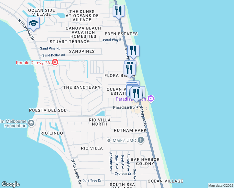 map of restaurants, bars, coffee shops, grocery stores, and more near 290 Paradise Boulevard in Indialantic
