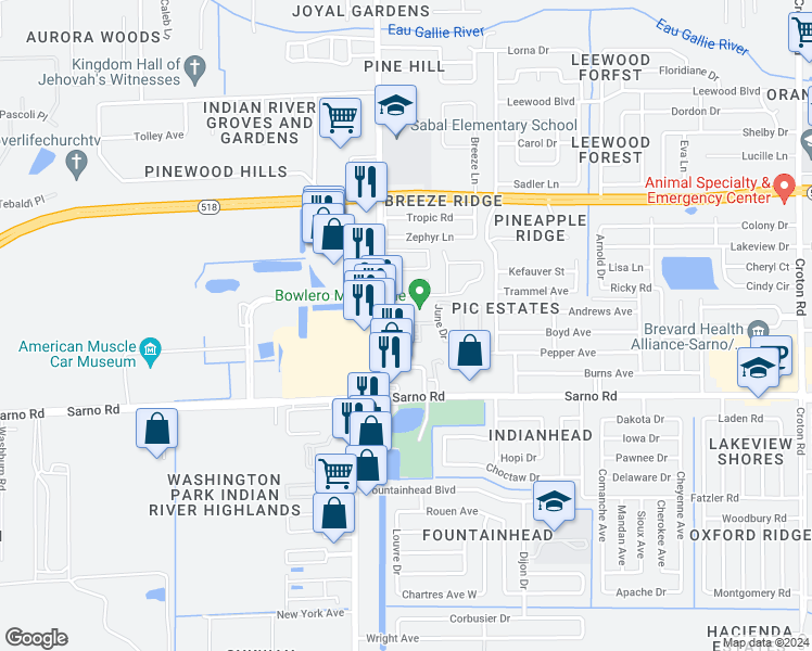 map of restaurants, bars, coffee shops, grocery stores, and more near 1027 Regency Drive in Melbourne