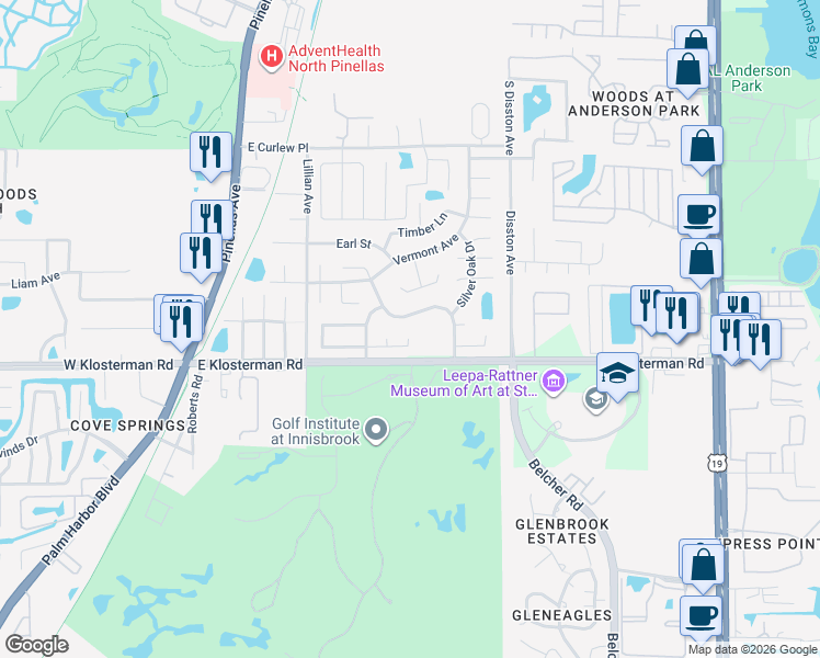map of restaurants, bars, coffee shops, grocery stores, and more near 31 Leafwood Court in Tarpon Springs