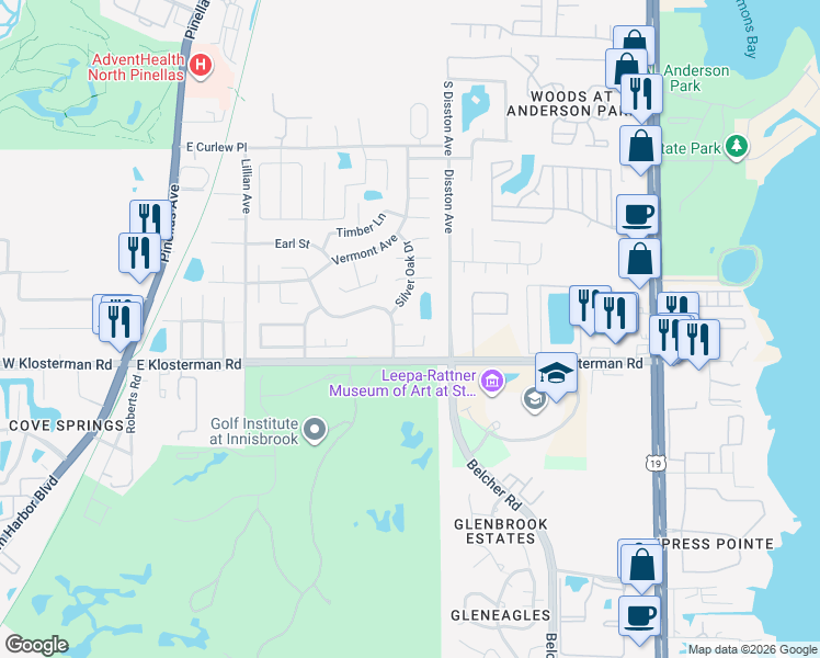 map of restaurants, bars, coffee shops, grocery stores, and more near 504 Bamboo Court in Tarpon Springs