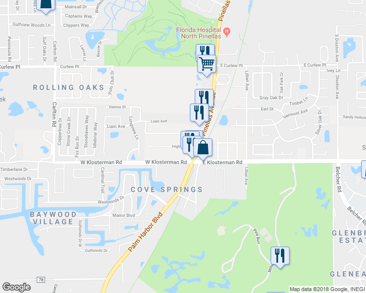 map of restaurants, bars, coffee shops, grocery stores, and more near 90 Highland Road in Tarpon Springs