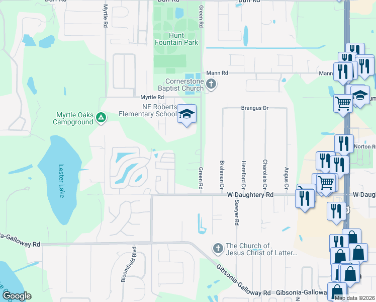 map of restaurants, bars, coffee shops, grocery stores, and more near 6310 Green Road in Lakeland