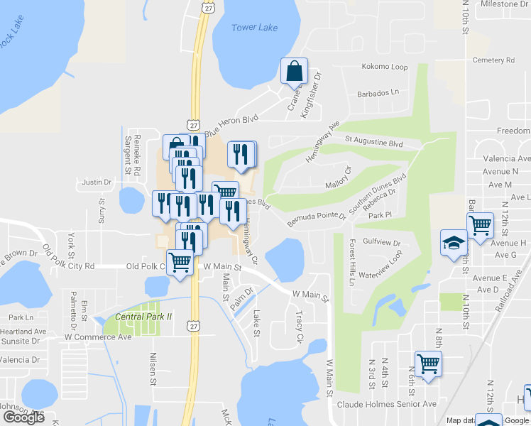 map of restaurants, bars, coffee shops, grocery stores, and more near 1009 Hemingway Circle in Haines City