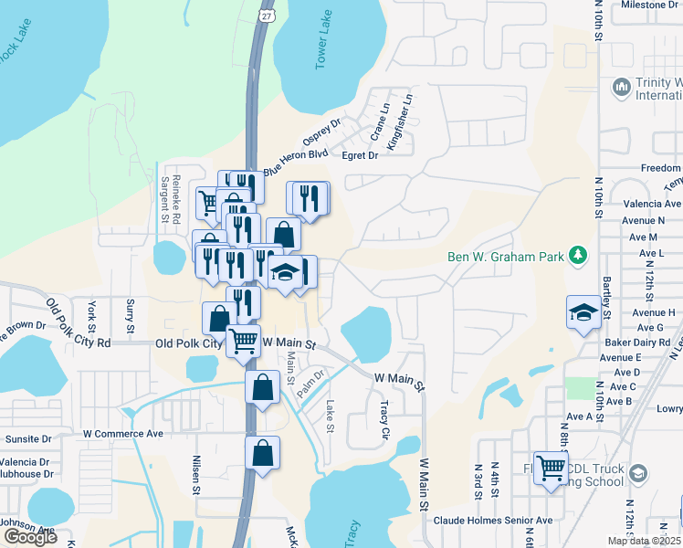 map of restaurants, bars, coffee shops, grocery stores, and more near 4015 Hemingway Circle in Haines City