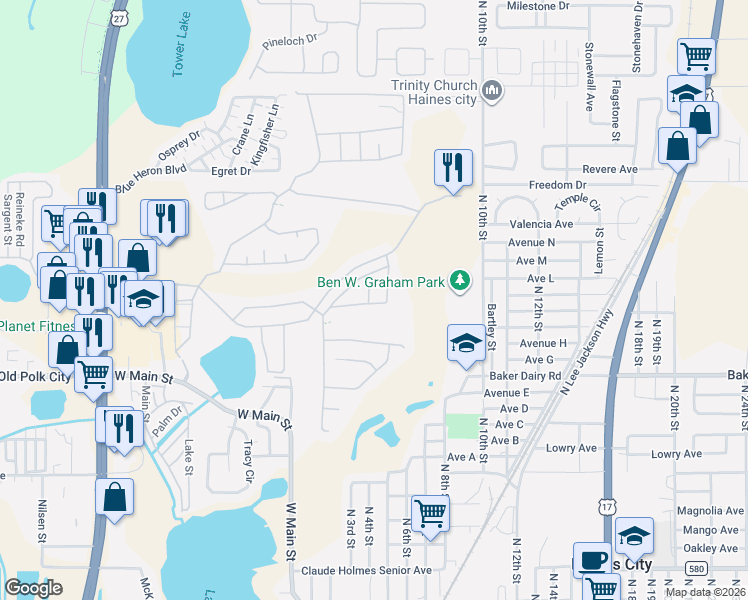 map of restaurants, bars, coffee shops, grocery stores, and more near 1418 Park Place in Haines City