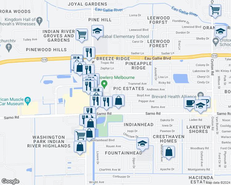 map of restaurants, bars, coffee shops, grocery stores, and more near 1078 Mollie Lane in Melbourne
