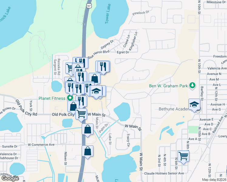 map of restaurants, bars, coffee shops, grocery stores, and more near 4015 Hemingway Circle in Haines City