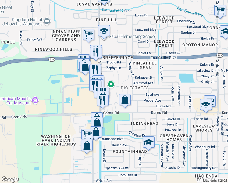 map of restaurants, bars, coffee shops, grocery stores, and more near 2805 Rhonda Lane in Melbourne