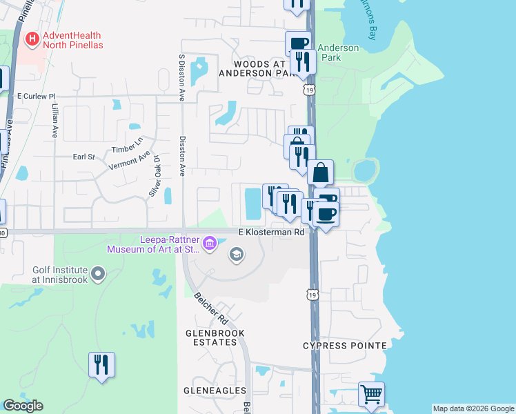 map of restaurants, bars, coffee shops, grocery stores, and more near 32 Pineridge Drive in Tarpon Springs