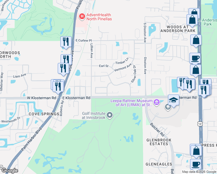map of restaurants, bars, coffee shops, grocery stores, and more near 1406 Red Oak Drive in Tarpon Springs