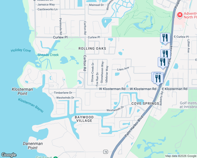 map of restaurants, bars, coffee shops, grocery stores, and more near 1607 Stone Creek Drive in Tarpon Springs