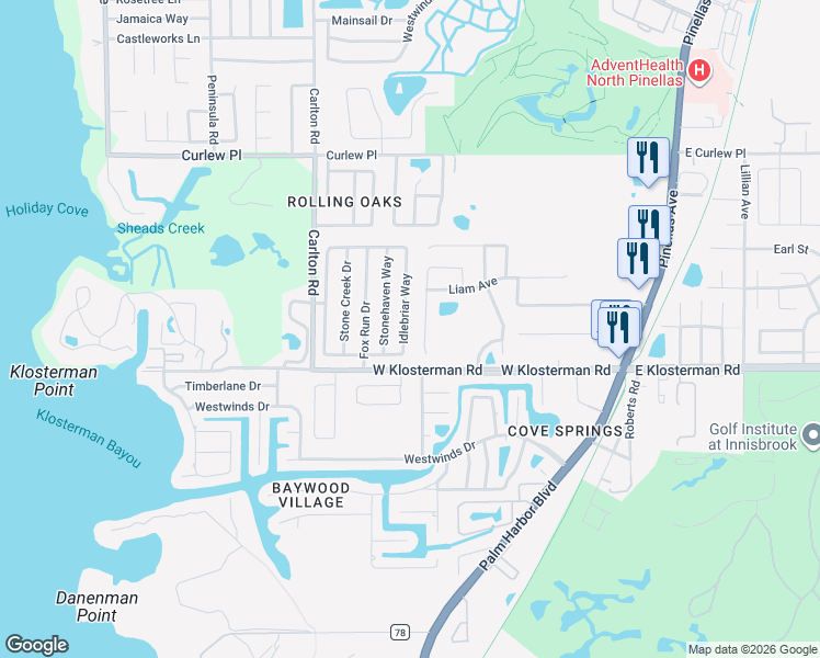 map of restaurants, bars, coffee shops, grocery stores, and more near 1703 Cromwell Drive in Tarpon Springs