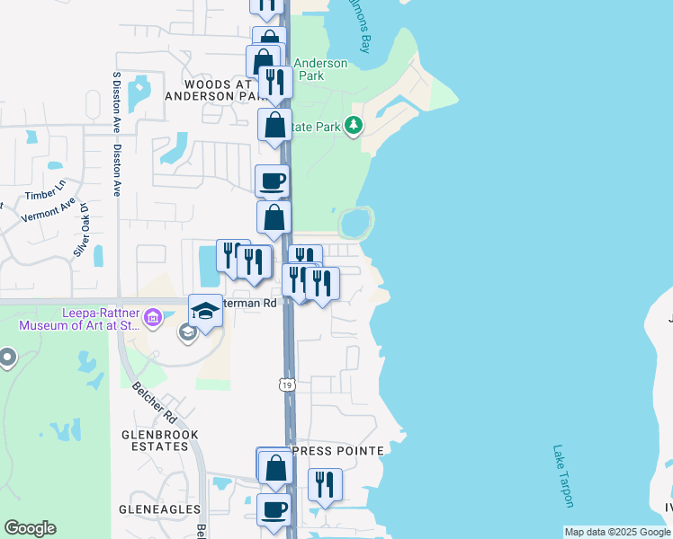 map of restaurants, bars, coffee shops, grocery stores, and more near 38791 US Highway 19 North in Tarpon Springs