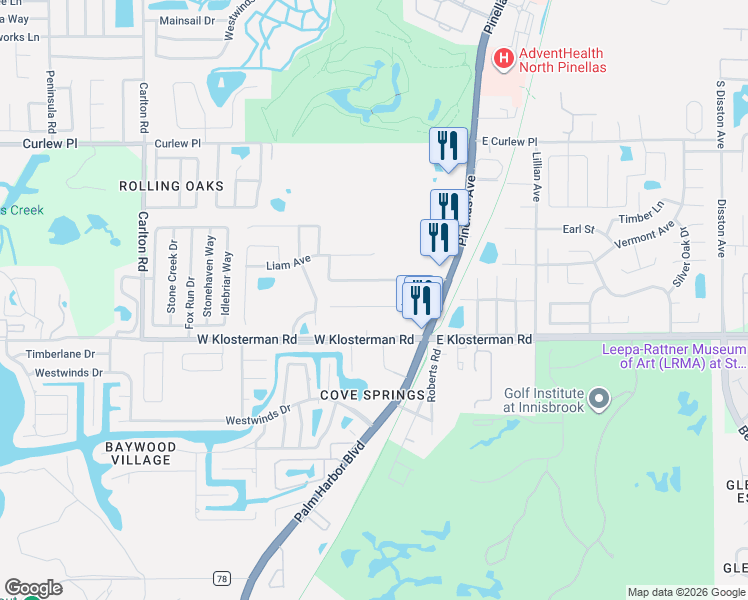 map of restaurants, bars, coffee shops, grocery stores, and more near 183 Highland Road in Tarpon Springs