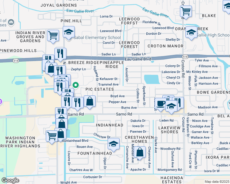 map of restaurants, bars, coffee shops, grocery stores, and more near 2547 Trammel Avenue in Melbourne