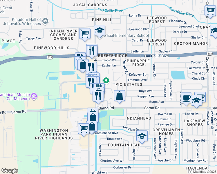 map of restaurants, bars, coffee shops, grocery stores, and more near 1039 Regency Drive in Melbourne