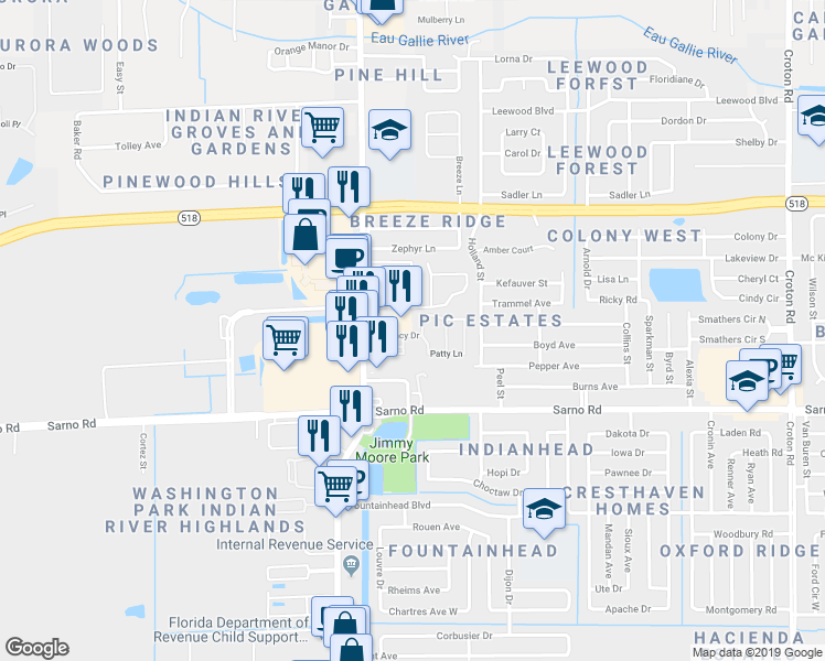 map of restaurants, bars, coffee shops, grocery stores, and more near 1041 Regency Drive in Melbourne