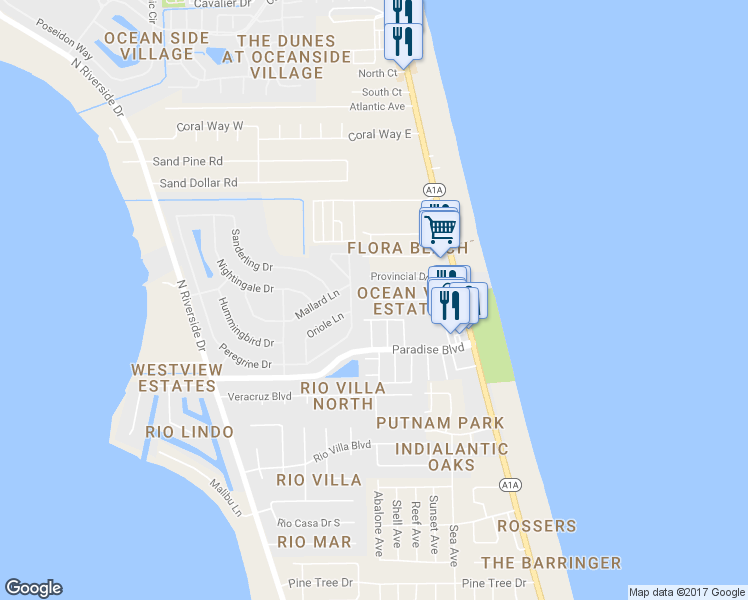 map of restaurants, bars, coffee shops, grocery stores, and more near 313 Ocean View Lane in Indialantic