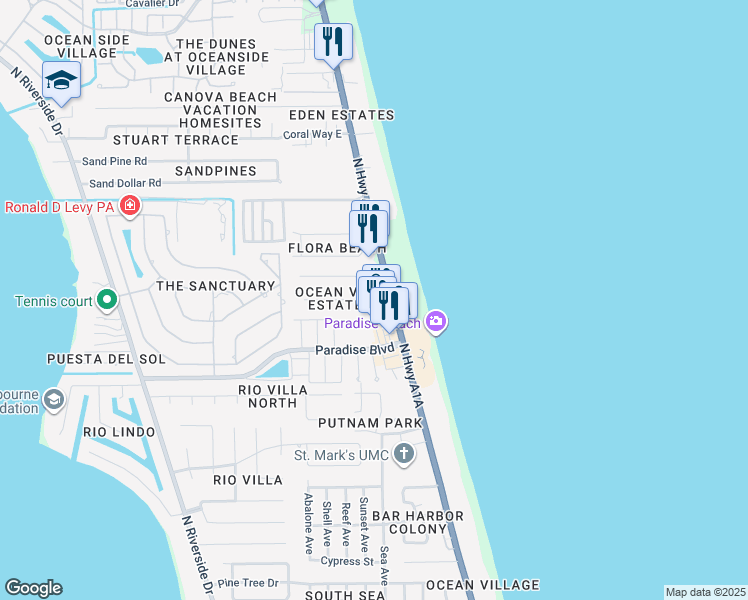 map of restaurants, bars, coffee shops, grocery stores, and more near 136 Ocean View Lane in Melbourne