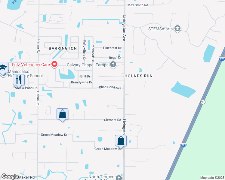 map of restaurants, bars, coffee shops, grocery stores, and more near 2420 Blind Pond Avenue in Lutz