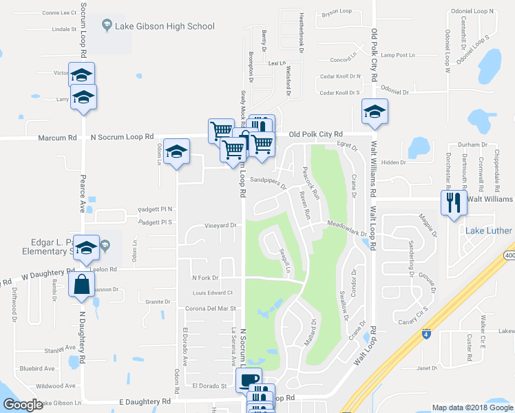 map of restaurants, bars, coffee shops, grocery stores, and more near 642 Eagle Run in Lakeland