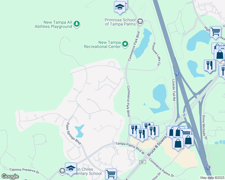 map of restaurants, bars, coffee shops, grocery stores, and more near 17130 Heart of Palms Drive in Tampa