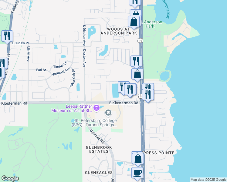map of restaurants, bars, coffee shops, grocery stores, and more near 54 Lakeside Drive in Tarpon Springs