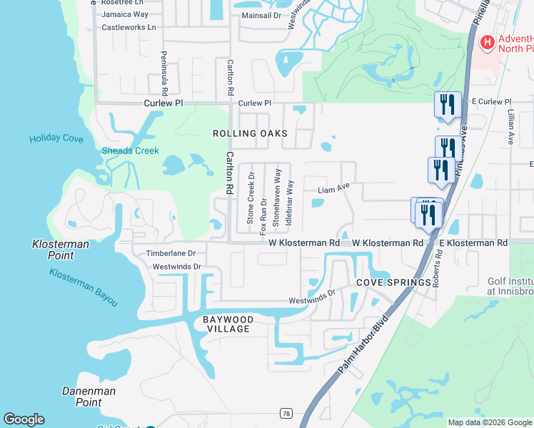 map of restaurants, bars, coffee shops, grocery stores, and more near 1607 Stone Creek Drive in Tarpon Springs