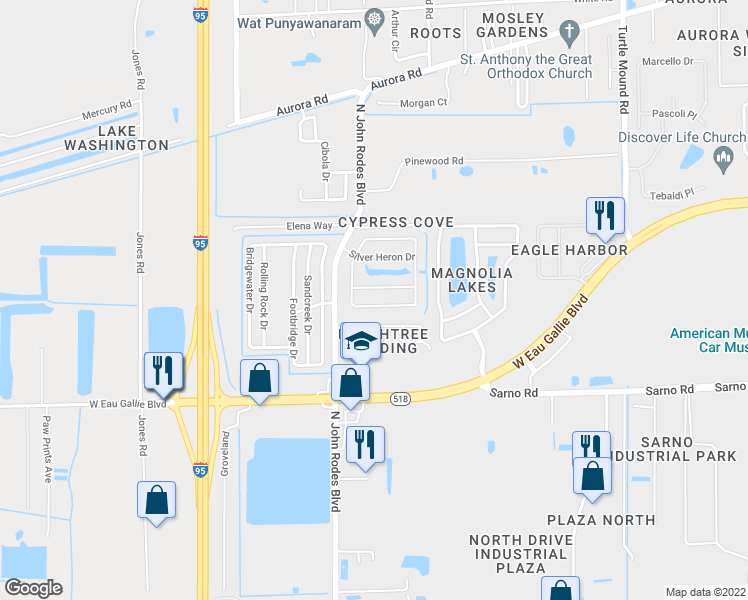map of restaurants, bars, coffee shops, grocery stores, and more near 1241 Cypress Bend Circle in Melbourne