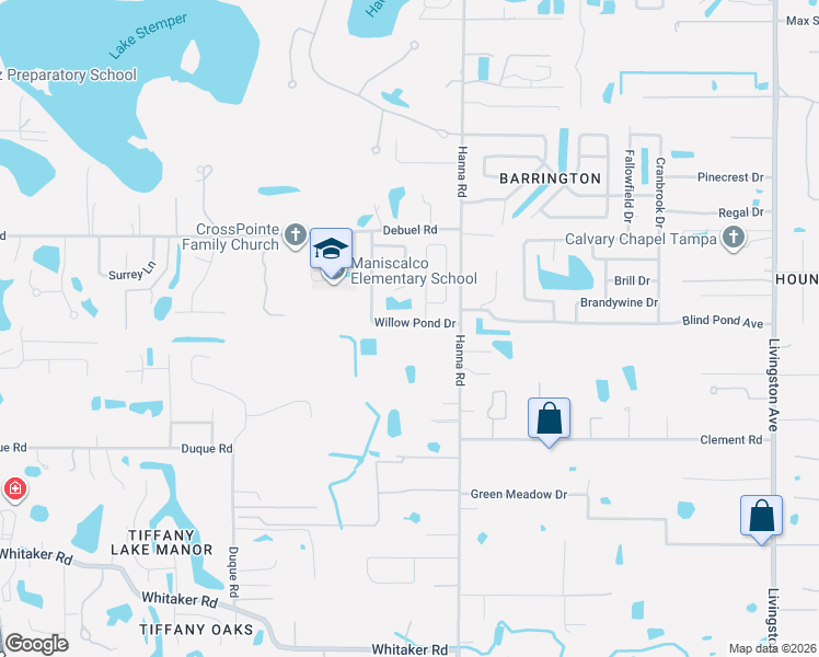 map of restaurants, bars, coffee shops, grocery stores, and more near 17518 Willow Pond Drive in Lutz
