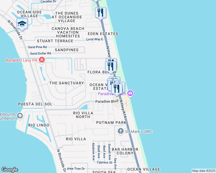 map of restaurants, bars, coffee shops, grocery stores, and more near 166 Ocean View Lane in Melbourne