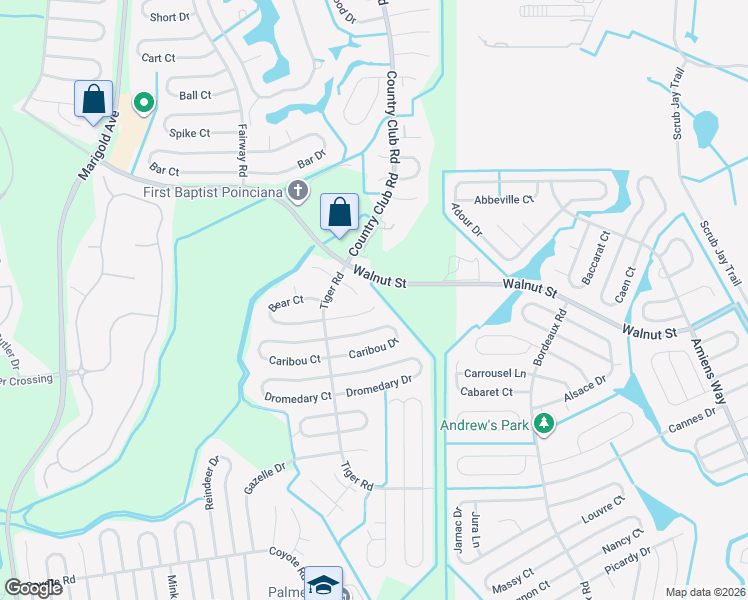 map of restaurants, bars, coffee shops, grocery stores, and more near 711 Antelope Way in Kissimmee